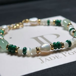 Green jade gemstone, fresh water pearl and white pearl shell with 18K gold plated beads gift bracelet
