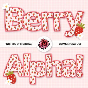 Lettere dell&#39;alfabeto alla fragola, PNG di sublimazione della fragola, Berry A-Z lettere maiuscole e minuscole pacchetto completo di set, uso commerciale