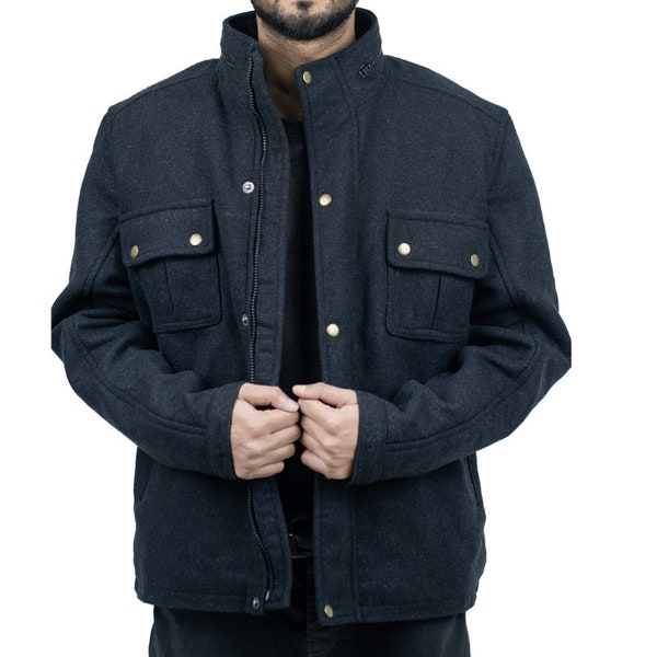 Mens Wool Melton Stand Collar Jacket | Wool Jacket Men | Handmade Bomber Jacket For Men | Mens Charcoal Wool Jacket | Wool Jacket for Men