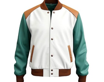 Mens White and Sea Green Jacket, Mens Faux Leather Jacket, Motorcycle Faux Leather Jacket, Biker Leather Jacket for Men