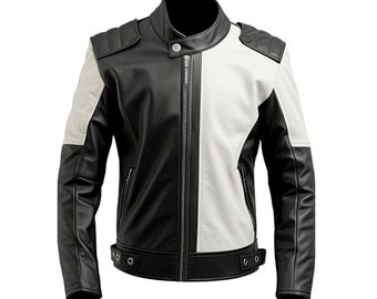 Blouson homme noir et blanc, Blouson imitation cuir homme, Blouson moto imitation cuir homme, Blouson motard en cuir pour homme