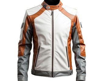 Mens Brown and White Jacket, Mens Faux Leather Jacket, Motorcycle Faux Leather Jacket, Biker Leather Jacket for Men