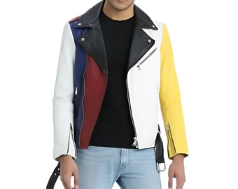 Blouson multicolore pour homme, Blouson en imitation cuir pour homme, Blouson moto en imitation cuir pour homme, Blouson motard en cuir pour homme