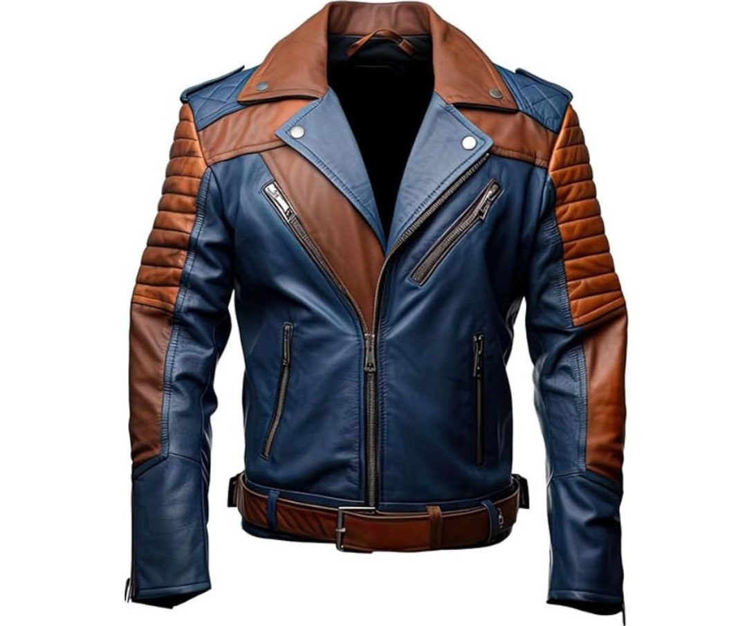 Mens Blue and Brown Jacket, Mens Faux Leather Jacket, Motorcycle Faux