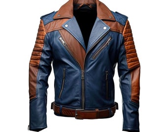 Mens Blue and Brown Jacket, Mens Faux Leather Jacket, Motorcycle Faux Leather Jacket, Biker Leather Jacket for Men