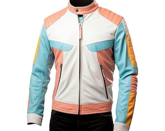 Mens Baby Pink White Jacket, Mens Faux Leather Jacket, Motorcycle Faux Leather Jacket, Biker Leather Jacket for Men