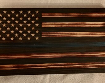 Handcrafted Thin Blue Line American Flag - Support our LEOs