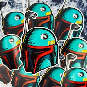 May include: A set of nine colorful stickers featuring a Star Wars character, Boba Fett, with a teal helmet and red accents. The stickers are printed on white paper and have a glossy finish.