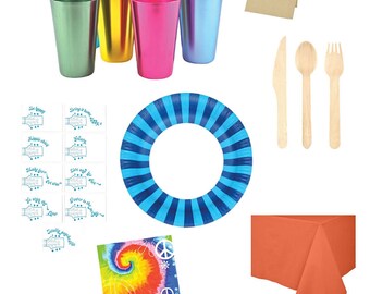 Flower Power Party Tabletop Kit for 8 with Plates, Napkins, Cutlery, Aluminum Tumblers, Tablecloth and Flower Power Themed Food Label Set