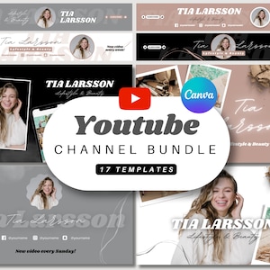 May include: A collection of 17 YouTube channel banner templates featuring a woman with blonde hair and the text "Tia Larsson Lifestyle & Beauty" and "New video every Sunday!" in a modern, minimalist style.