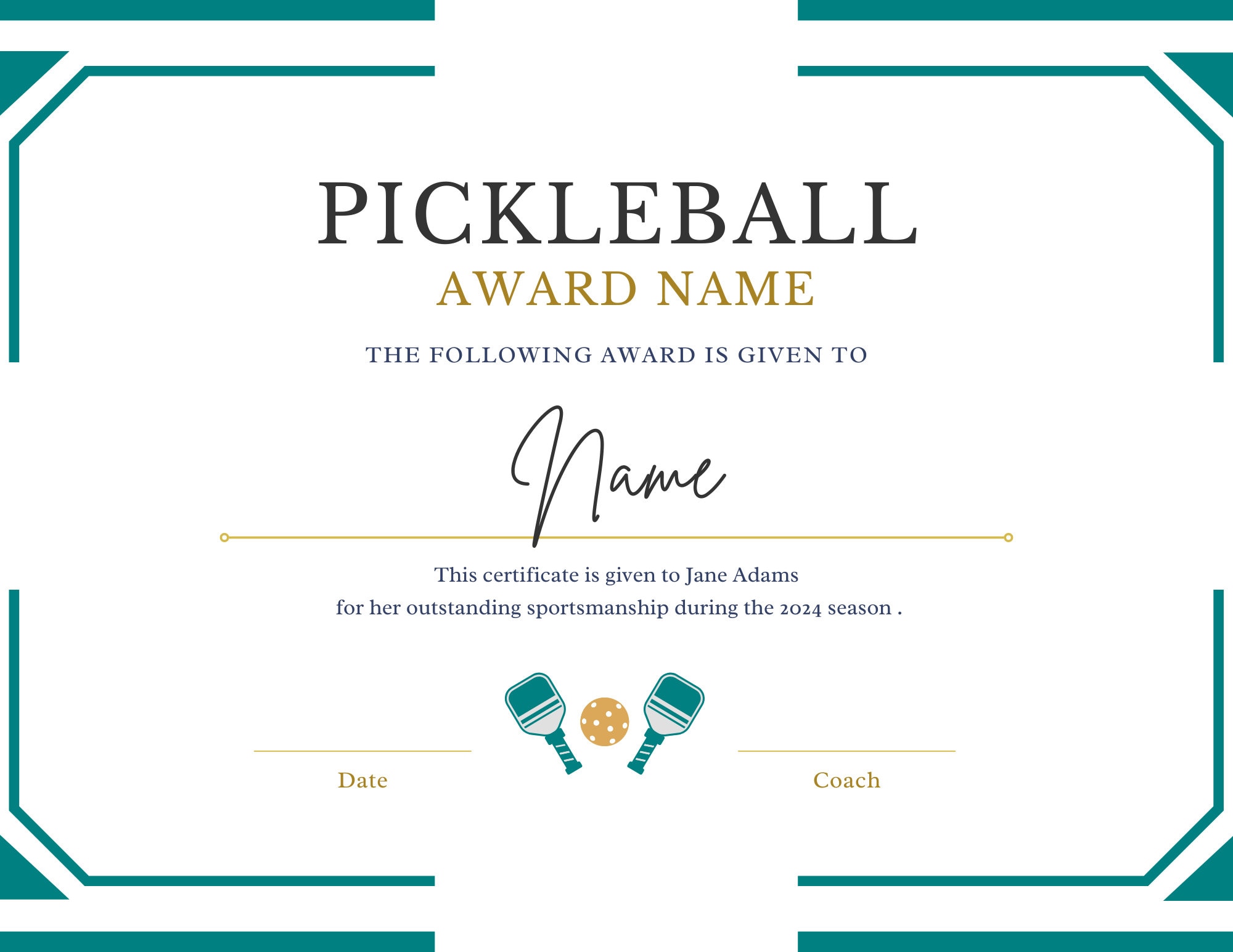 Pickleball Excellence Certificate Pickleball Champion Award Etsy