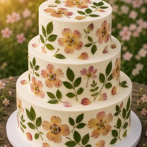 Pode incluir: Um bolo branco de três andares decorado com flores prensadas cor-de-rosa e amarelas e folhas verdes. A cobertura branca lisa serve de tela para o arranjo floral espalhado, que inclui várias flores, caules e pétalas individuais.