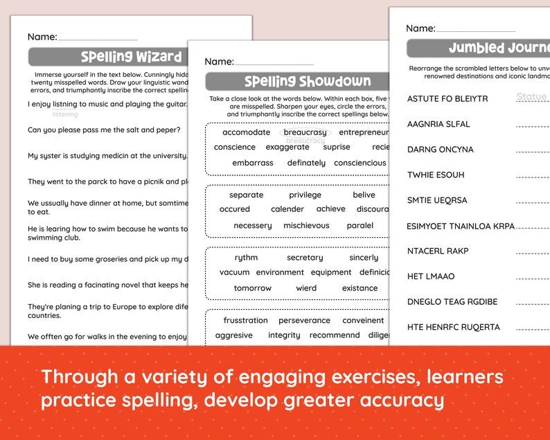 Spelling Printable Workbook How to Spell Exercise Sheets Intermediate