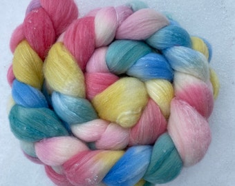 Let's Dye Eggs hand-dyed in Vermont on Rambouillet/Tussah Silk wool roving, combed top for felting, spinning 5.3oz