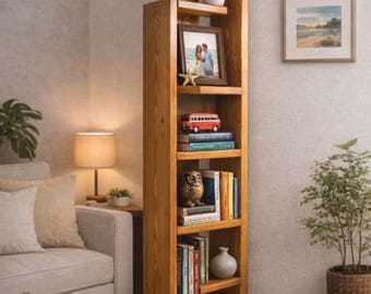 Handgjord bokhylla i massivt trä, modern bibliotekshylla i ek, minimalistiska möbler