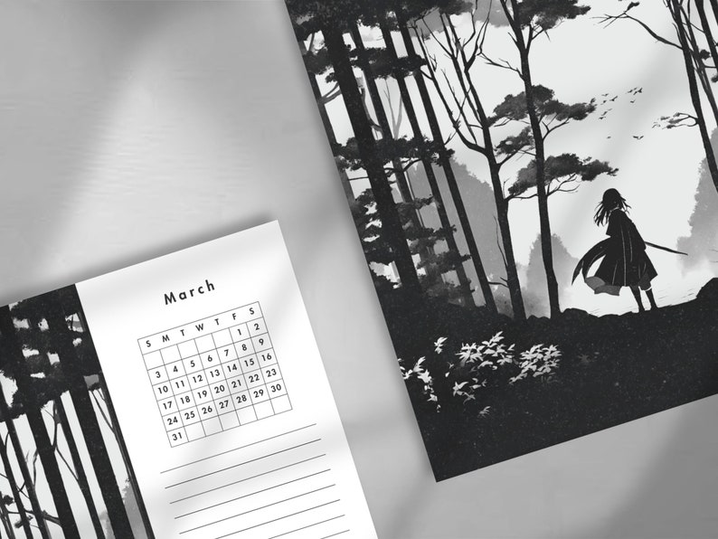 2024 Anime Printable Calendar & Free Daily Planner, Black and White