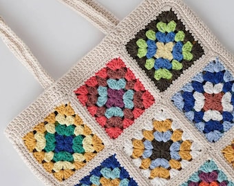 Granny Square Bag, Crochet Bag, Crochet Tote Bag, Crochet Purse, Unique Gift, Bag For Women, Colorful Tote, Aesthetic Bag, Handmade bag,Boho