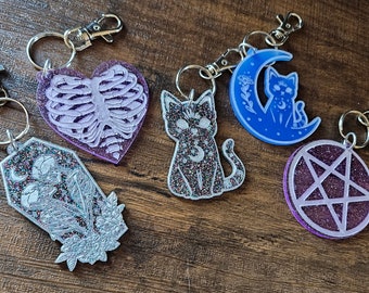 Witchy Goth Halloween Keychain Pentacle Cat Skeleton Engraved Acrylic Purse or Bag Charm Zipper Pull