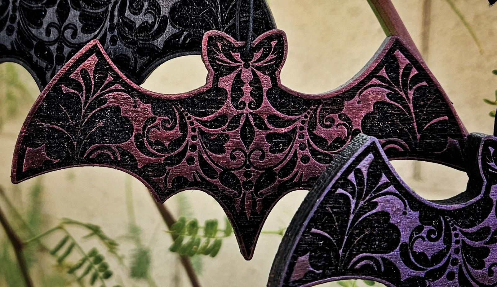 Damask Bats Christmas Tree Ornaments Stained Wood Yule Decoration With ...