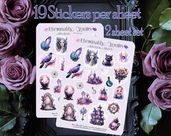 May include: Two sticker sheets with a gothic theme, featuring illustrations of ravens, crystals, castles, and mystical figures. The text on the sheets reads "Eternally Yours" and "19 Stickers per sheet, 2 sheet set."