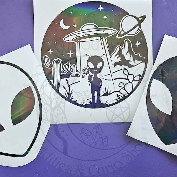 Alien Landing Vinyl Sticker Decal Holographic We Come In Peace and Alien Heads