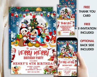Mickey Mouse Birthday party Invitation Christmas party verry merry disney birthday, christmas snowy winter Mickey , Thank you tag