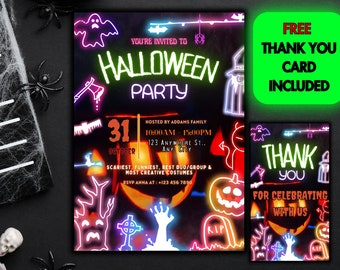 Neon Halloween Costume Party Invitation: Spooky Glow Invite (Canva, Digital Download)
