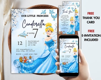 INSTANT DOWNLOAD Cinderella Birthday Invitation Disney Princess birthday party Cindirella , Free Thank You Tag Free E-invite , royal party