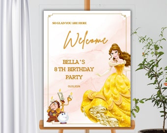 Princess Belle Birthday Welcome Sıgn Beauty and the Beast disney princess girl birthday Editable Instant Download Canva