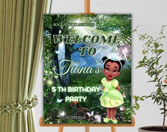 Princess Tiana Birthday Welcome Sign Welcome board disney princess birthday decor instant download printable canva template