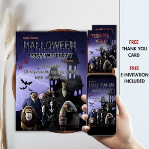Addams Family Halloween costume party invitation | Wednesday invitation | Retro vintage halloween costume party |addams family thank you tag