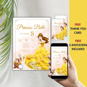 Princesse Belle anniversaire invitation beauté et la bête disney princesse fille anniversaire modifiable Téléchargement instantané numérique avec étiquette de remerciement