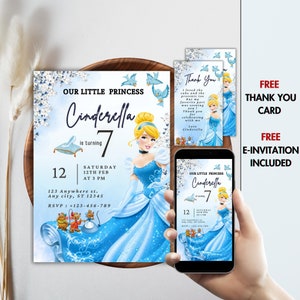 DOWNLOAD INSTANTÂNEO Convite de aniversário da Cinderela Festa de aniversário da princesa Disney Cindirella, etiqueta de agradecimento grátis, convite eletrônico grátis, festa real