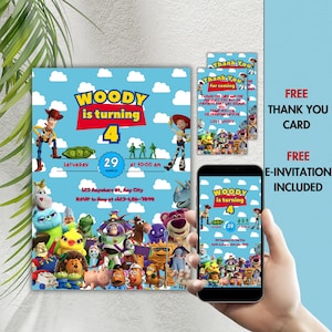 Bewerkbare digitale Toy Story-uitnodiging voor jongens, Toy Story-verjaardagsuitnodiging voor kinderen Buzz Light Woody Two Infinity and Beyond-bedankkaartje