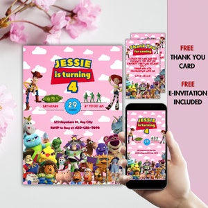 Étiquette de remerciement numérique modifiable fille garçon Toy Story, invitation d'anniversaire pour enfants Toy Story, Buzz Light Woody deux à l'infini et au-delà