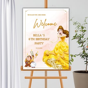 Cartello di benvenuto compleanno principessa Belle La bella e la bestia compleanno ragazza principessa disney Download immediato modificabile Canva