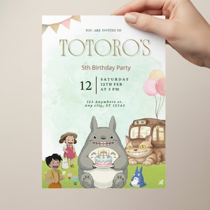 May include: A birthday party invitation featuring the text "TOTORO'S 5th Birthday Party". The invitation includes illustrations of Totoro characters, a cake, balloons, and the date: Saturday, 12th Feb at 3 PM.