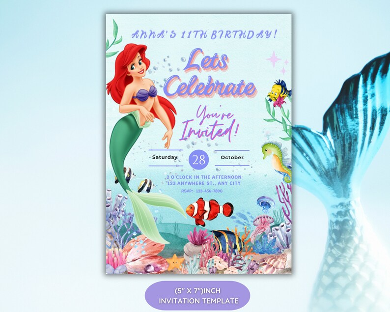 Editable Digital Princess Ariel Birthday Invitation , Mermaid Birthday ...