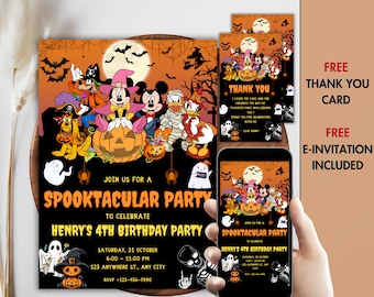 May include: A Halloween-themed birthday party invitation featuring Mickey Mouse and friends dressed in costumes. The invitation is orange and black with a spooky font and includes the text "Join us for a Spooktacular Party to Celebrate Henry's 4th Birthday Party".
