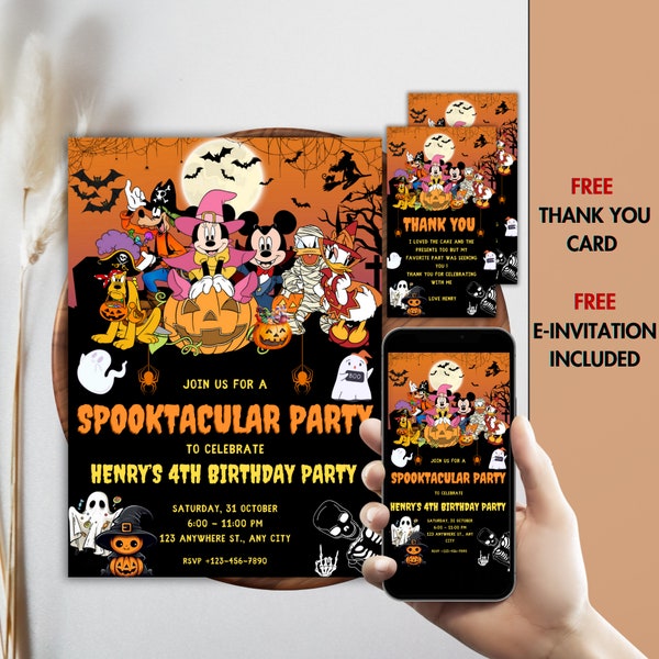 Mickey Mouse Birthday party Invitation Halloween party Spooktacular Costume Party disney birthday hallowen Mickey Thank you tag, instant