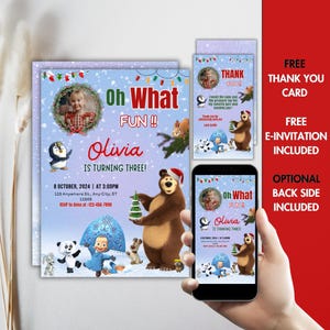 Modèle d'invitation d'anniversaire Masha et l'ours modifiable sur le thème de Noël avec invitation électronique avec photo et étiquette de remerciement CANVA