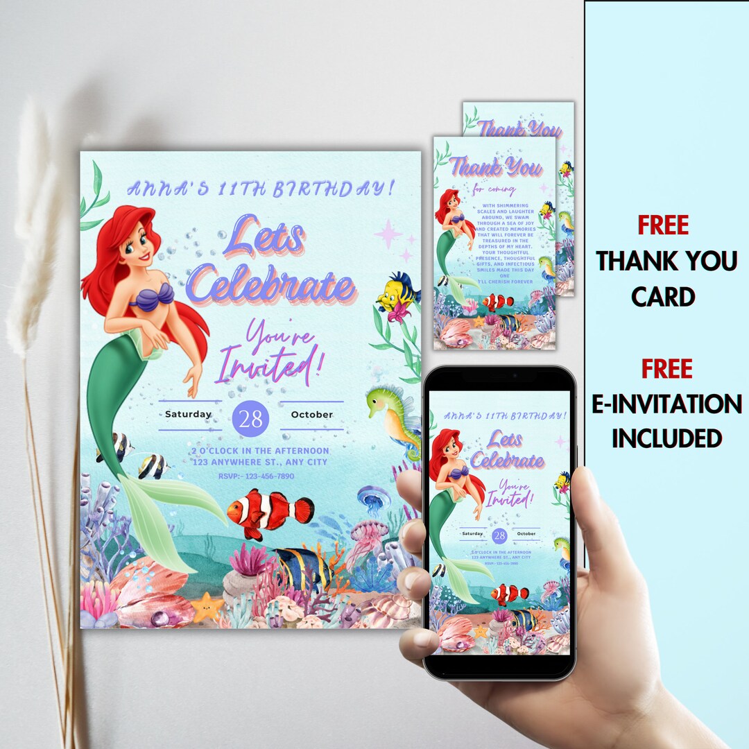 Editable Digital Princess Ariel Birthday Invitation , Mermaid Birthday ...