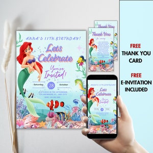 Editable Digital Princess Ariel Birthday Invitation , Mermaid Birthday Invitation, Mermaid Invite, Princess Birthday Party Invites printable