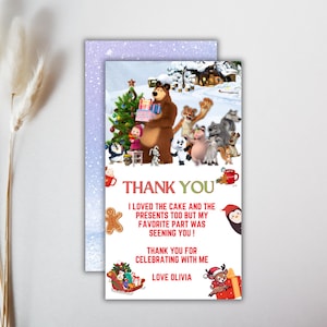 Modèle de carte modifiable Masha et l'ours Noël sur le thème d'anniversaire Merci avec photo numérique CANVA en téléchargement immédiat