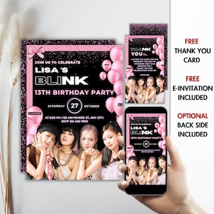 Bearbeitbare Blackpink Geburtstagseinladung Vorlage kpop Konzert Party Schwarz und Pink einladen für Blinks Digitaler sofortiger Download CANVA