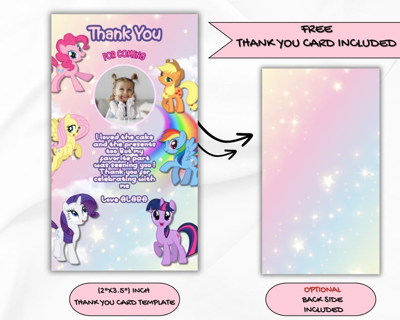 My Little Pony Birthday Invitation Template With Thank You Card (CANVA ...