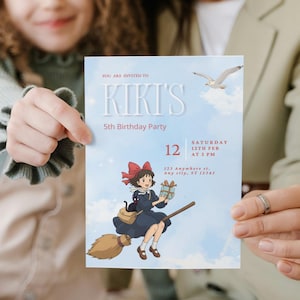 May include: A light blue invitation card for Kiki's 5th birthday party. The card features an illustration of a girl on a broom, a seagull, and the text "YOU ARE INVITED TO KIKI'S 5th Birthday Party". The date is February 12th at 3 PM.