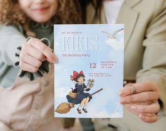 Editable Kiki's Delivery Service Themed Birthday Party Invitation Template , Studio Ghibli Red Bow Girl Animation , Instant Download Canva