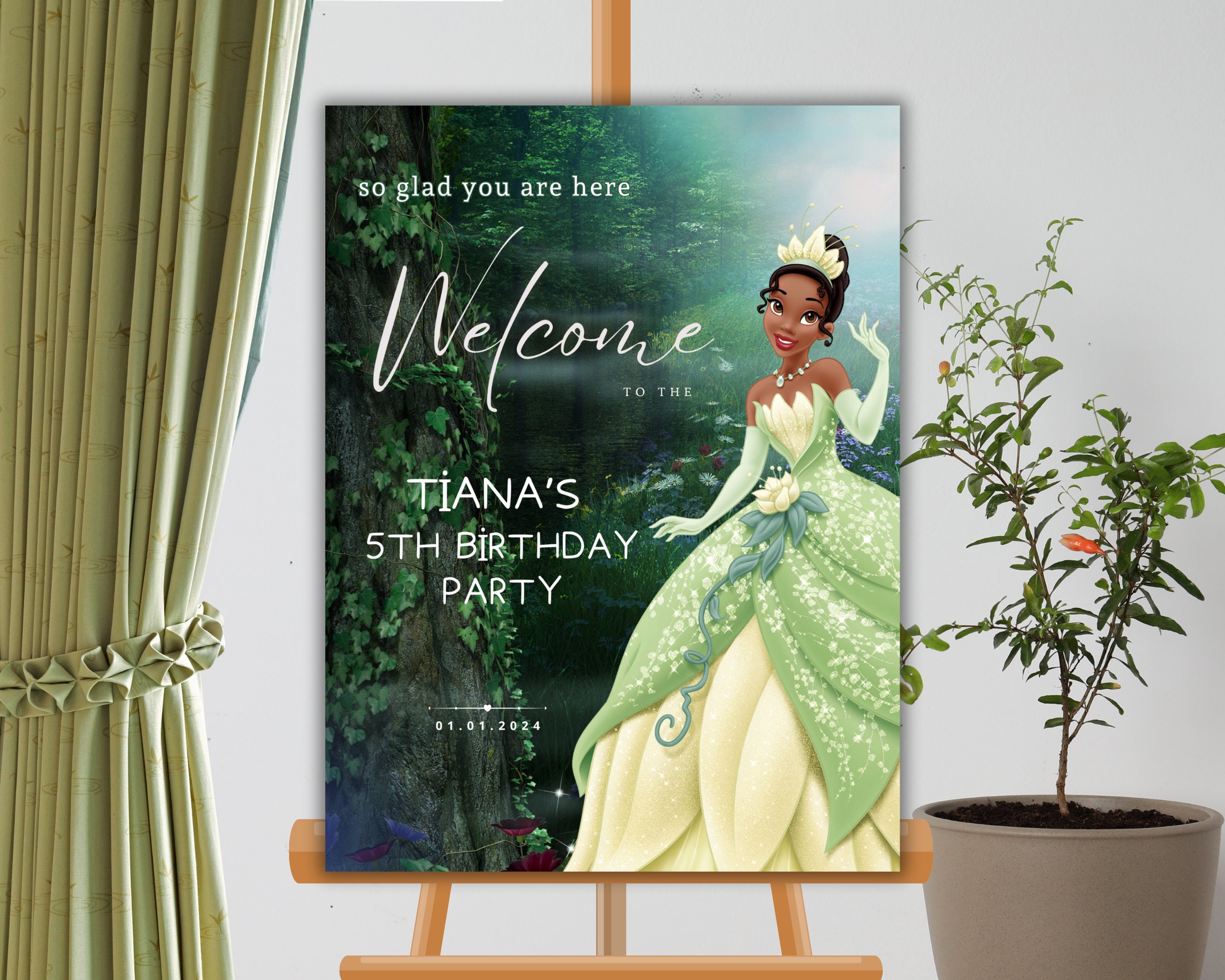 Princess Tiana Birthday Welcome Sign Welcome board disney princess birthday decor instant download printable canva template
