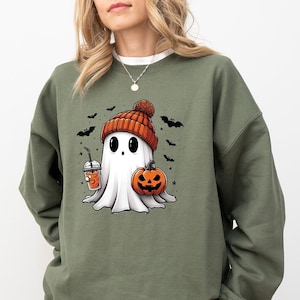 Cute Ghost Drinking Coffee Sweatshirt,Ghost Ice Coffee,Spooky Season Shirt,Fall Coffee Lover Sweatshirt,Halloween Sweatshirt,Halloween Gift